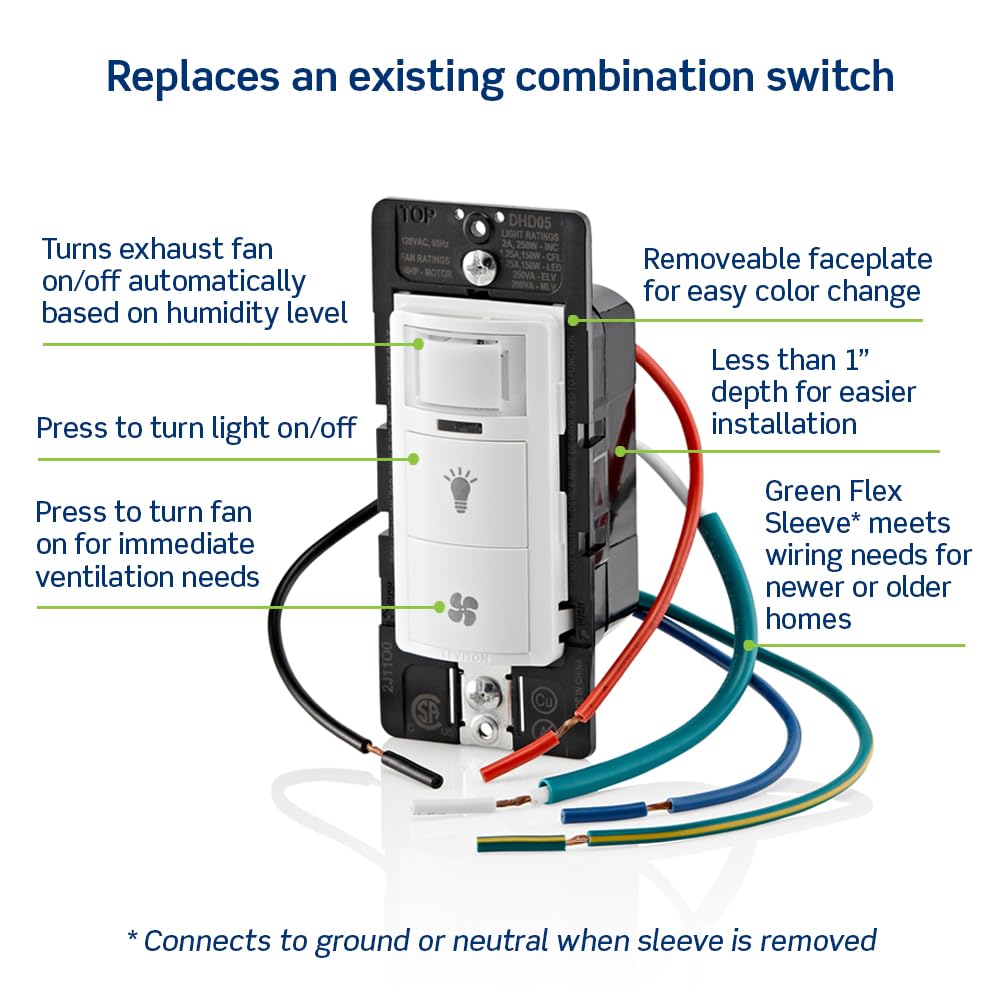 Leviton Dual Combination Humidity Sensor with Separate Light Switch, Automate