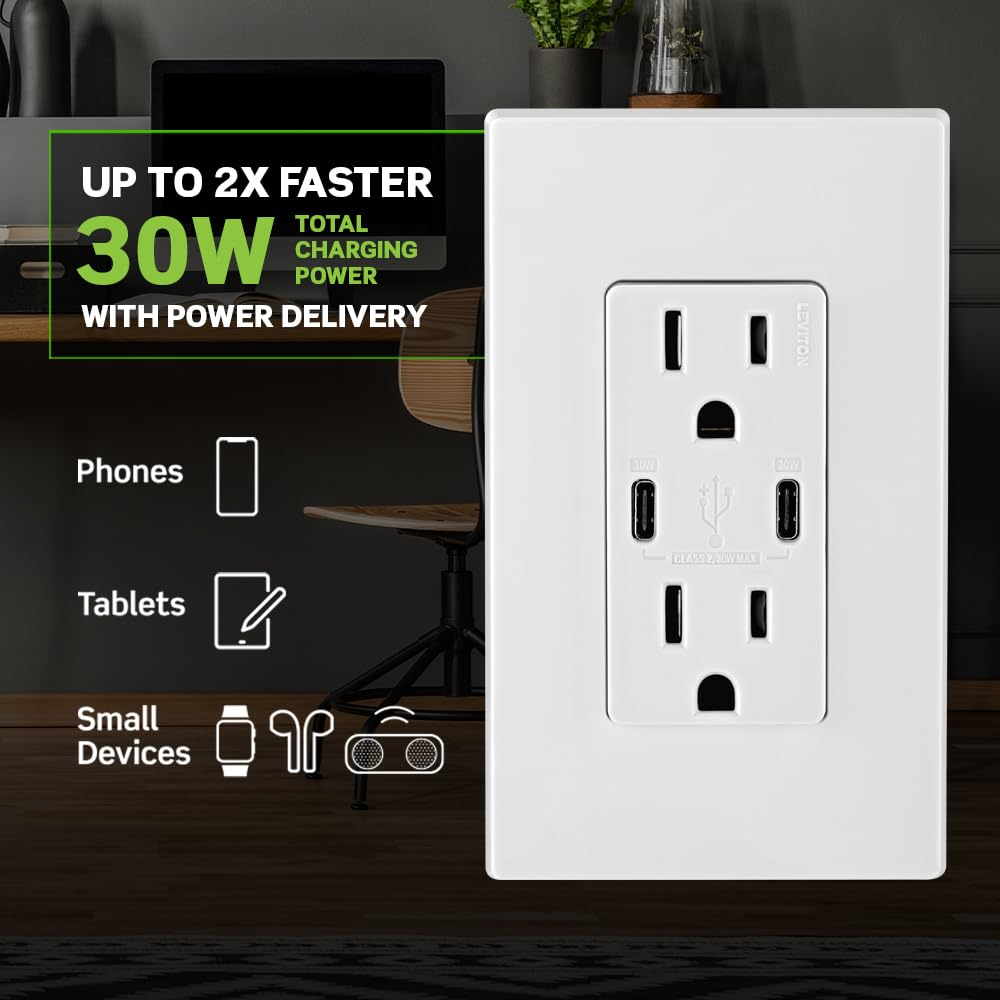 Leviton 30W (6A) USB Dual Type-C/C PowerT5635-W, White lot of 3