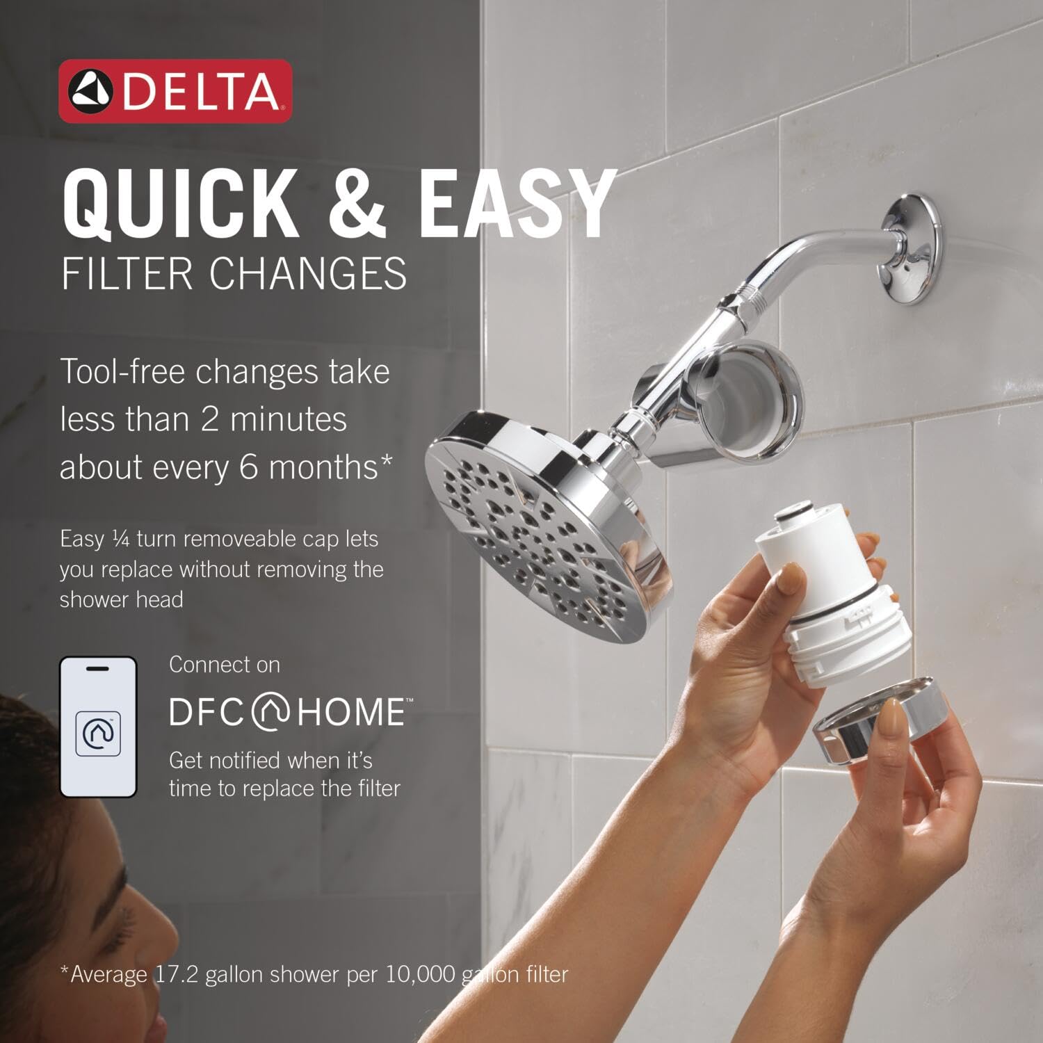 Delta Faucet Clarifi Standard Shower Filter Attachment with Filter, Shower Water Filter, Shower Head Filter, Chrome 7SF100