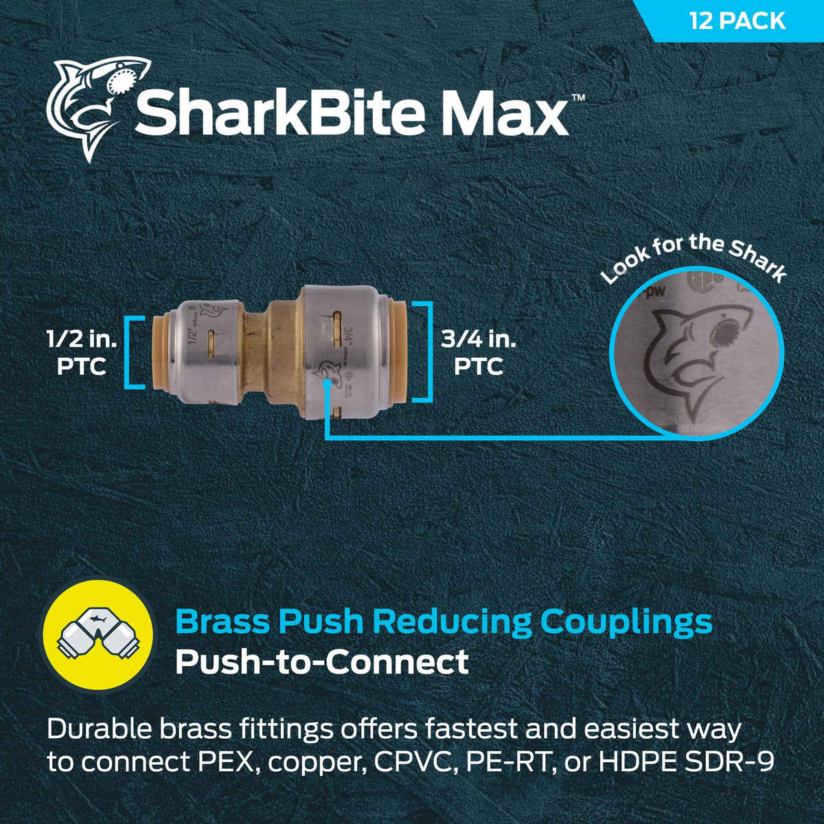 SharkBite Max 3/4 Inch x 1/2 Inch Reducing Coupling, Pack of 12, Push to Connect