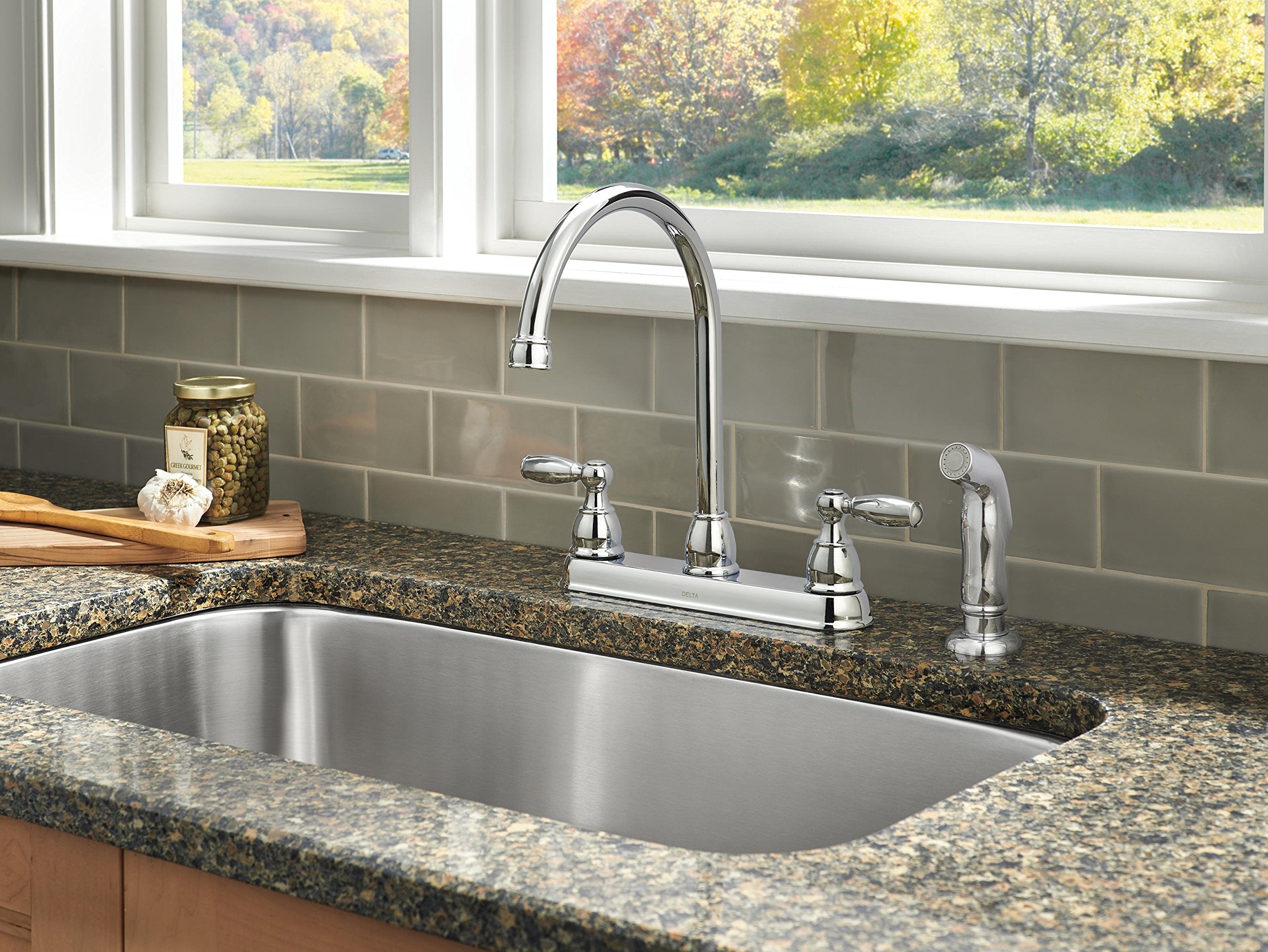 Delta Faucet 21988LF Two Handle Kitchen Faucet with Spray, Chrome