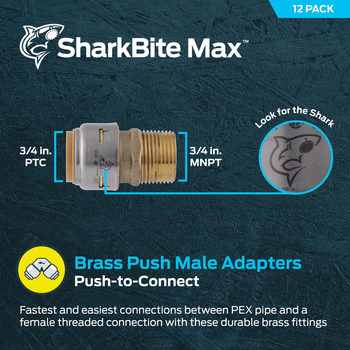 SharkBite Max Male Adapter, 3/4 in Push-to-Connect x 3/4 in MNPT, Pack of 12,