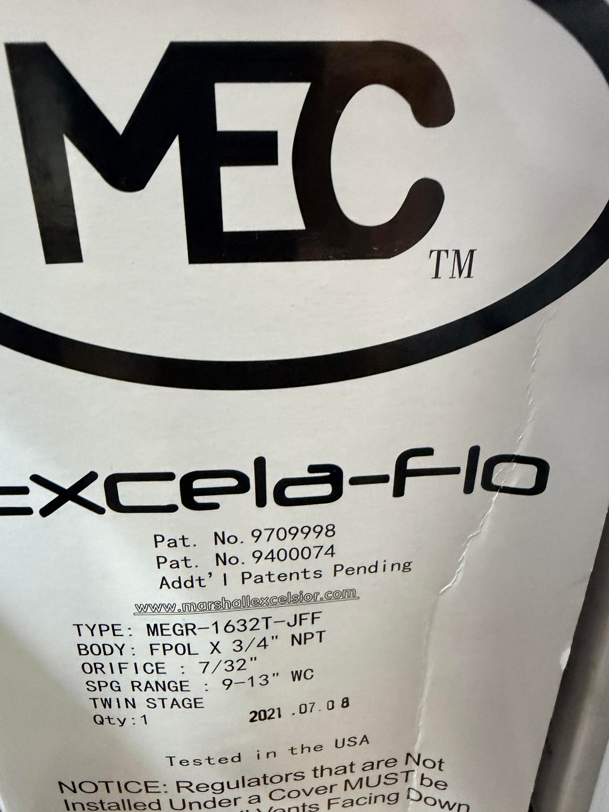 MEC Excela-Flo Twin Stage Gas Regulator MEGR-1632T-JFF