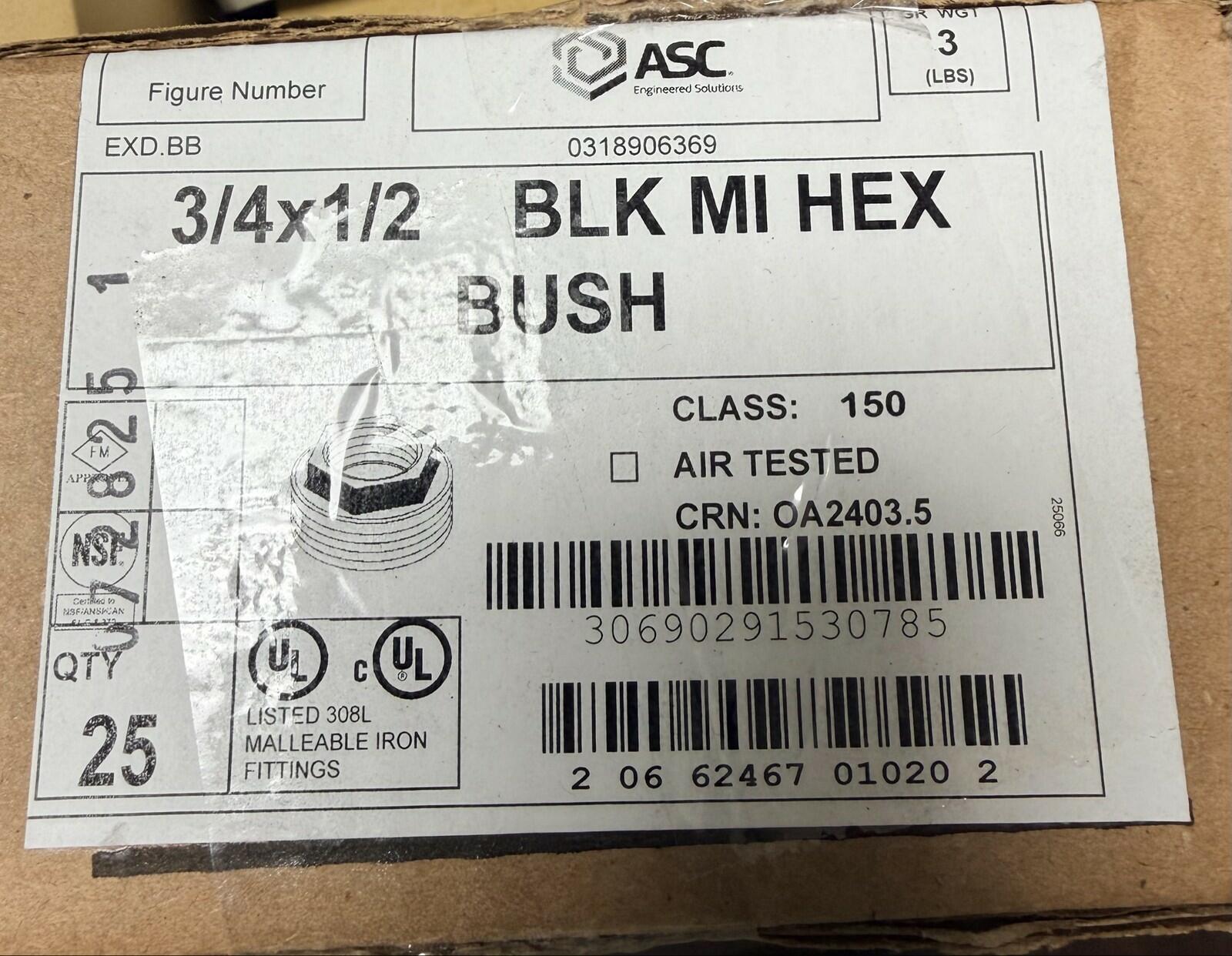 25 PK 3/4" x 1/2" Black Iron Hex Bushing Pipe Reducer NPT