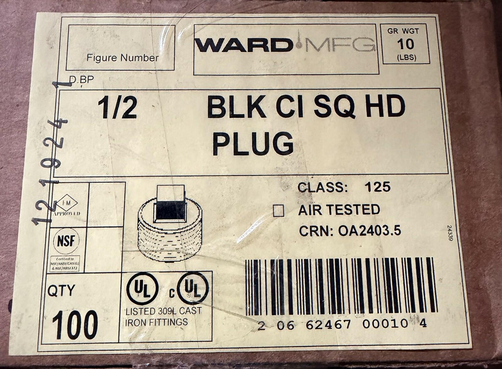 WARD 1/2" BLK CI SQ HD PLUG Class 125 Cast Iron Pipe Fitting QTY 100