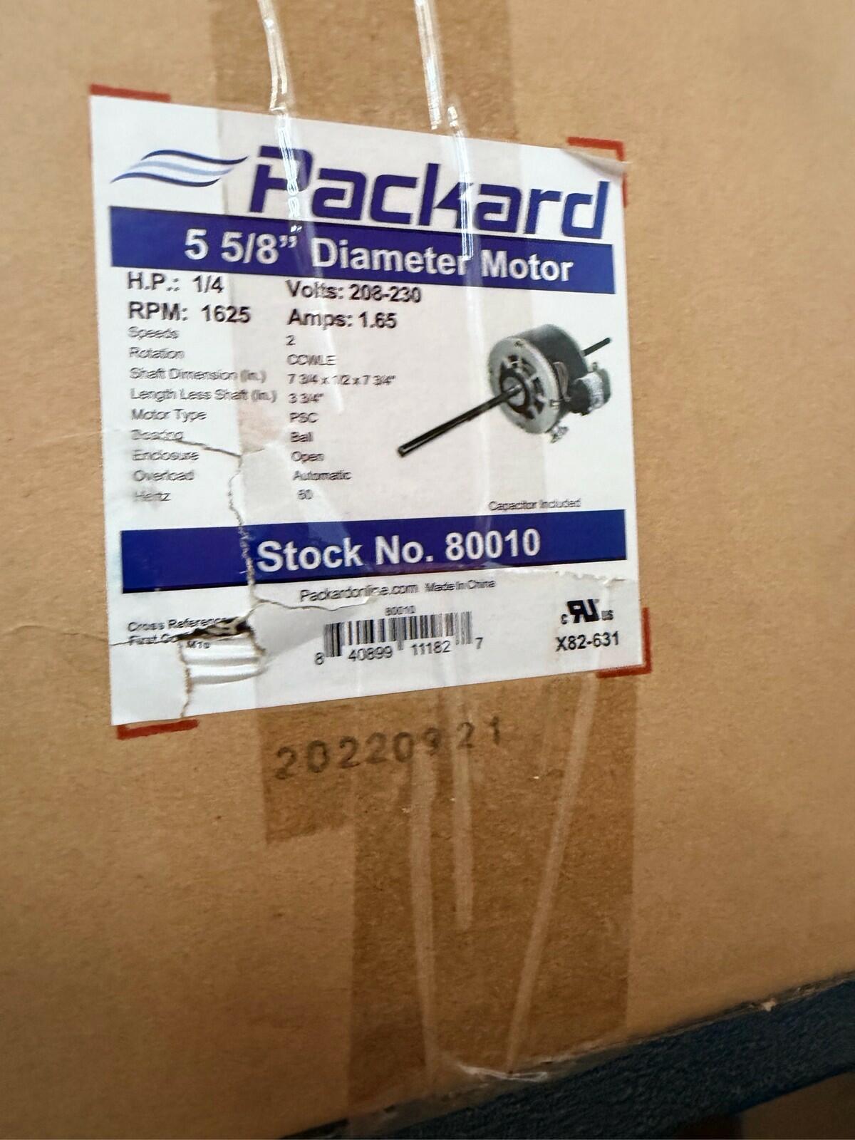 Packard 80010 Motor 1/4 HP 208-230V 1625 RPM 2 Speed PSC