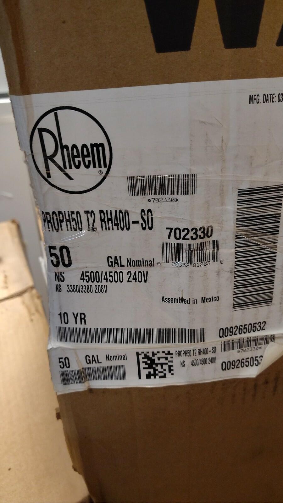 Rheem 50 Gallon Electric Water Heater PROPH50 T2 RH400-SO 240V