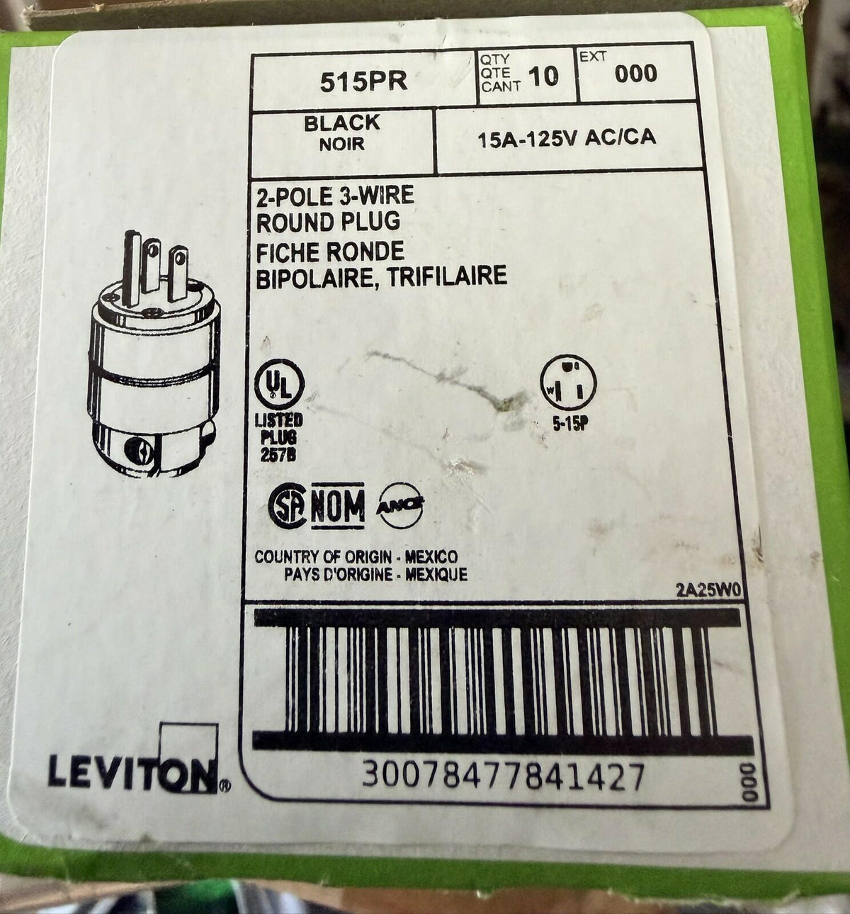 Leviton 515PR 15A 125V 2-Pole 3-Wire Black Round Plug NEMA 5-15P