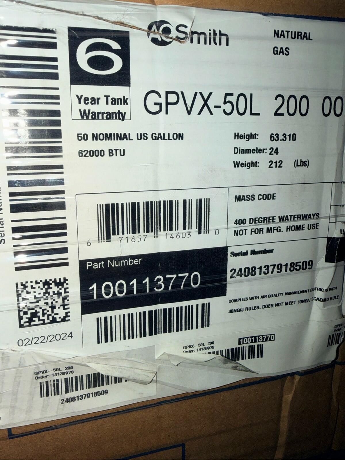 AO Smith 100113770 GPVX-50L 50 Gal Natural Gas Power Vent Water Heater