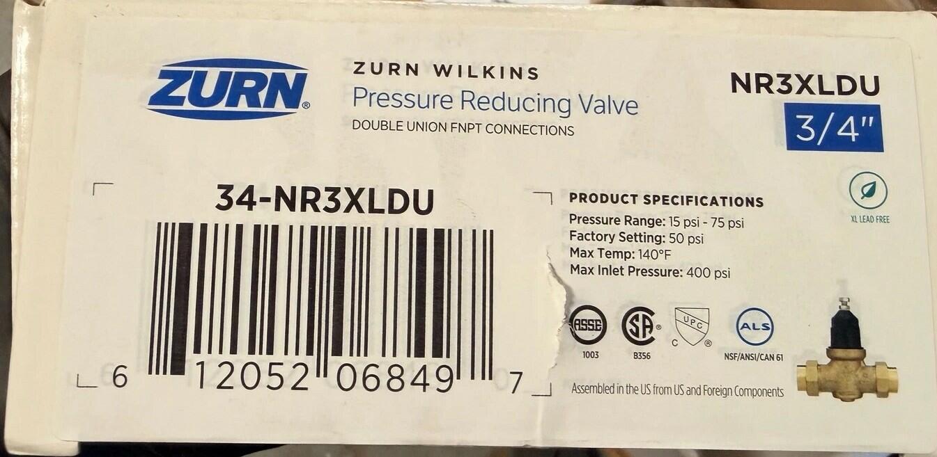 Zurn Wilkins 3/4" Pressure Reducing Valve 34-NR3XLDU Double Union - Like New