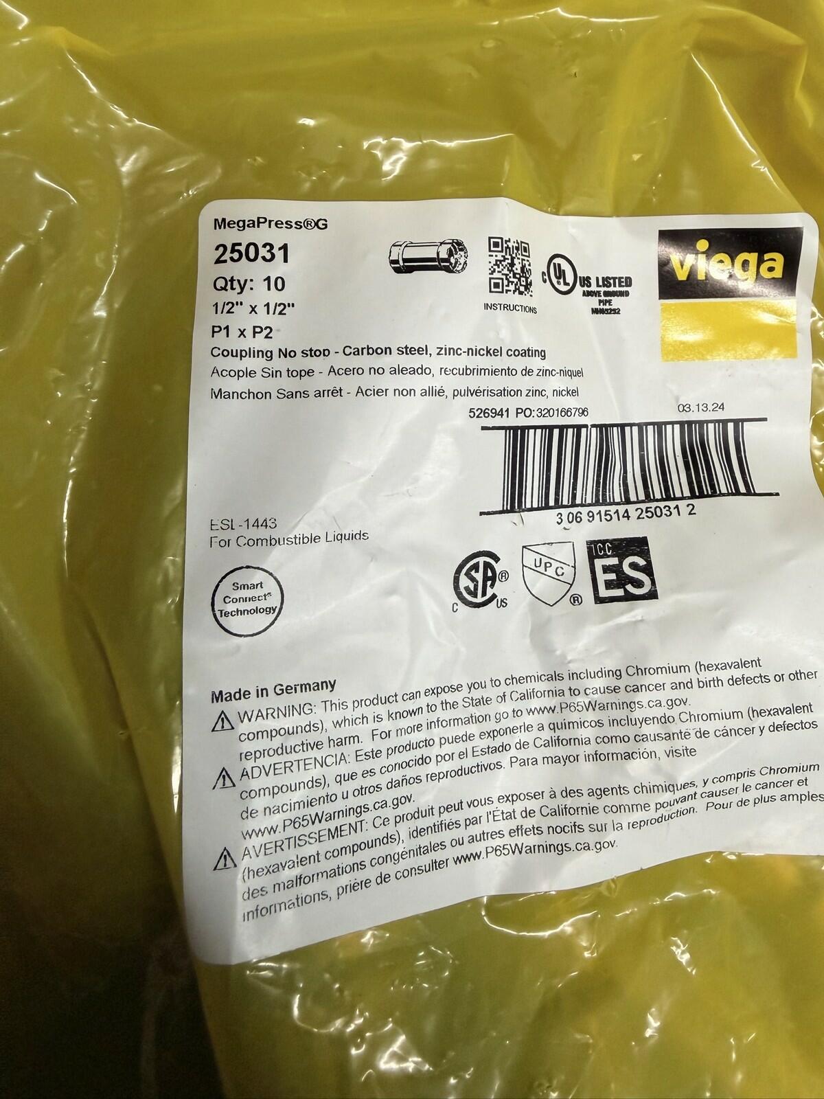 Viega MegaPressG 25031 1/2" Coupling No Stop Carbon Steel Qty 10