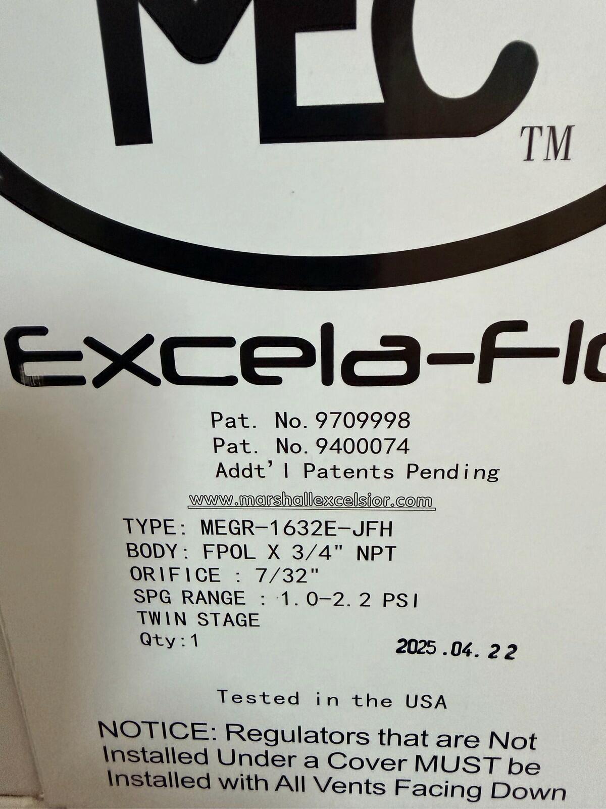 Marshall Excelsior MEGR-1632E-JFH Propane Twin Stage Regulator FPOL 3/4 NPT