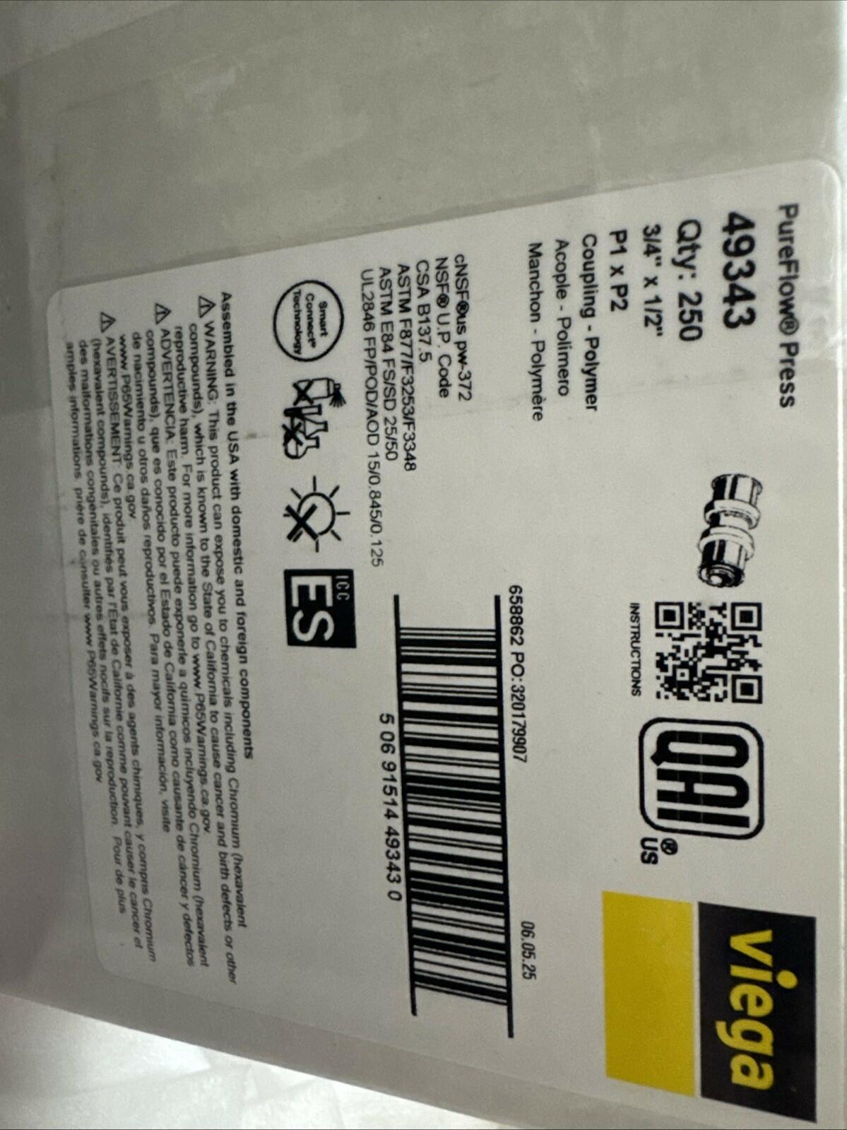 250 piece of Viega 49343 PureFlow Press 3/4" x 1/2" Polymer Coupling