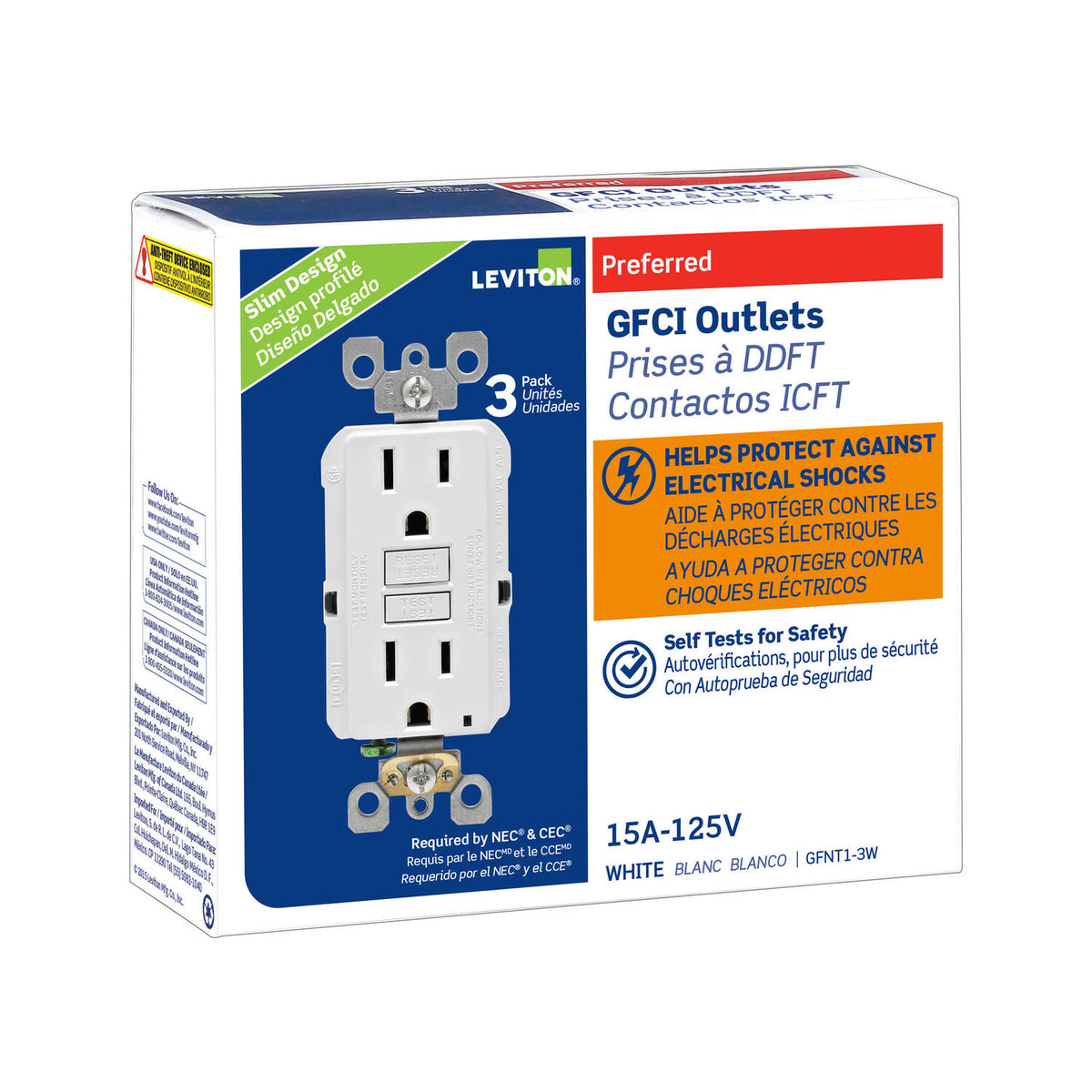 Leviton Smartlockpro 15a Self-Test Slim Gfci Duplex Outlet (White) Package Of 3