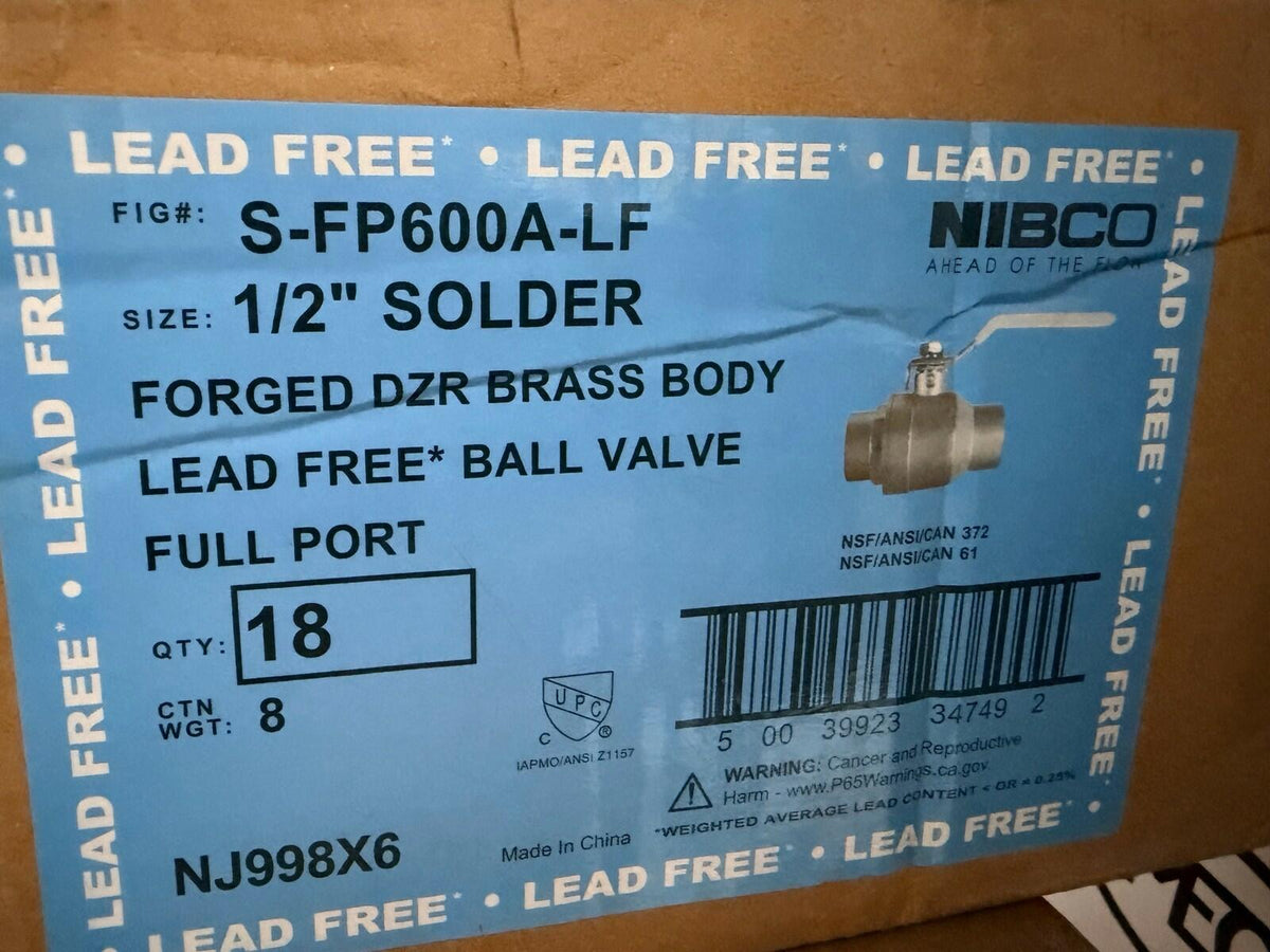 NIBCO S-FP600A-LF 1/2" Solder Full Port Lead Free DZR Brass Ball Valve lot of 18