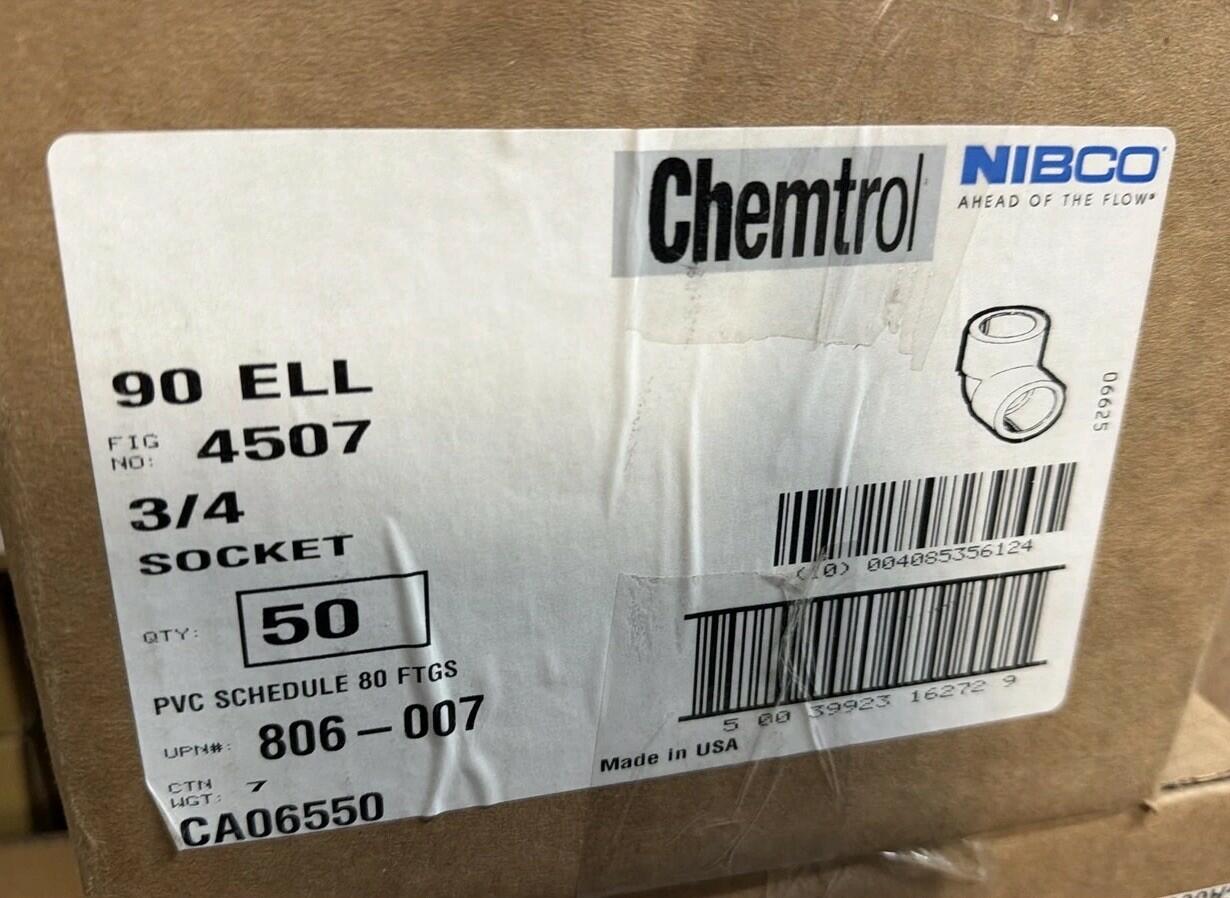 NIBCO Chemtrol 3/4" PVC Sch 80 90 Degree Elbow Socket (Qty 50)
