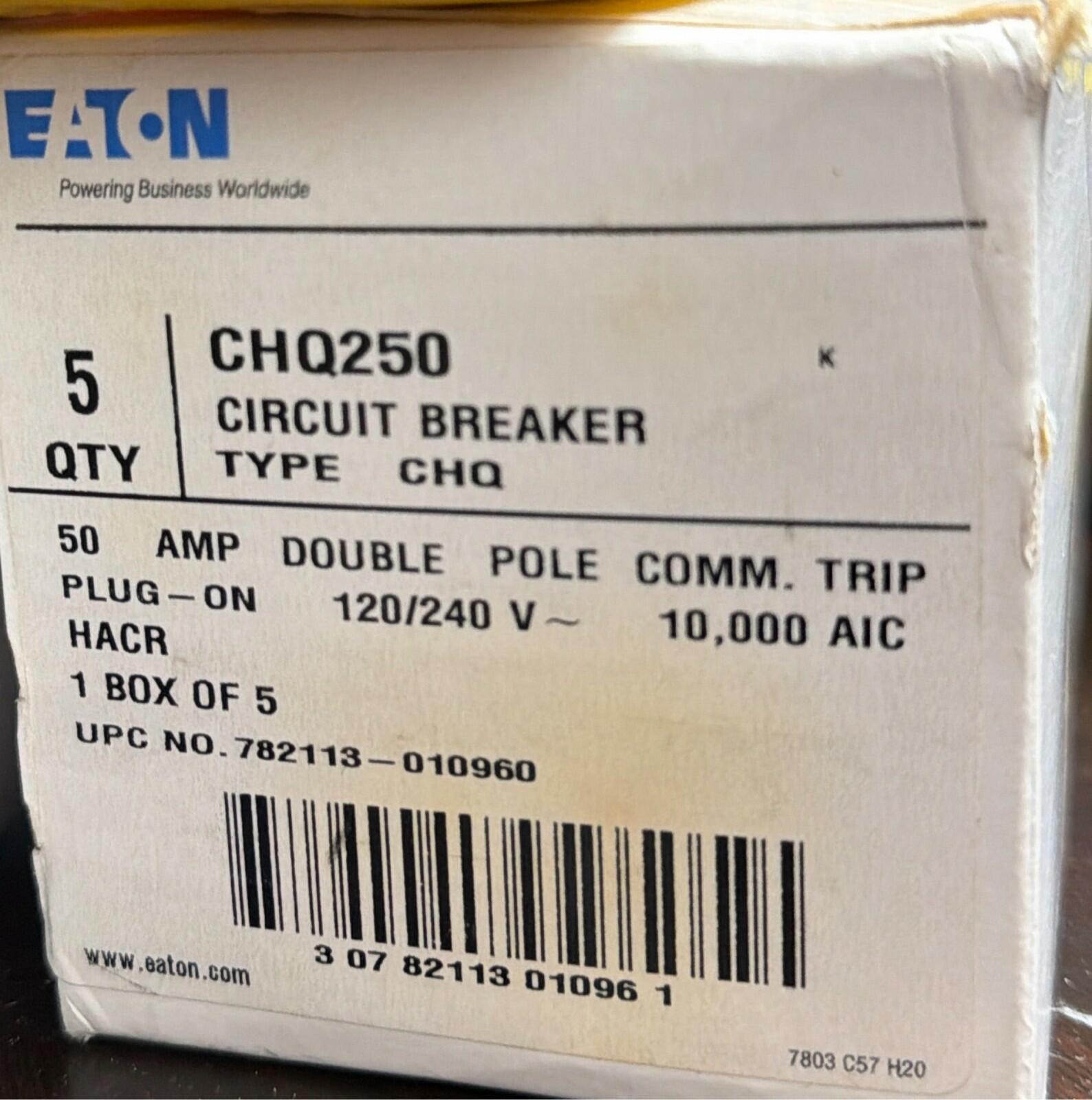 Eaton CHQ250 Circuit Breaker 50 Amp 2 Pole 120/240V Type CHQ (5-pack)