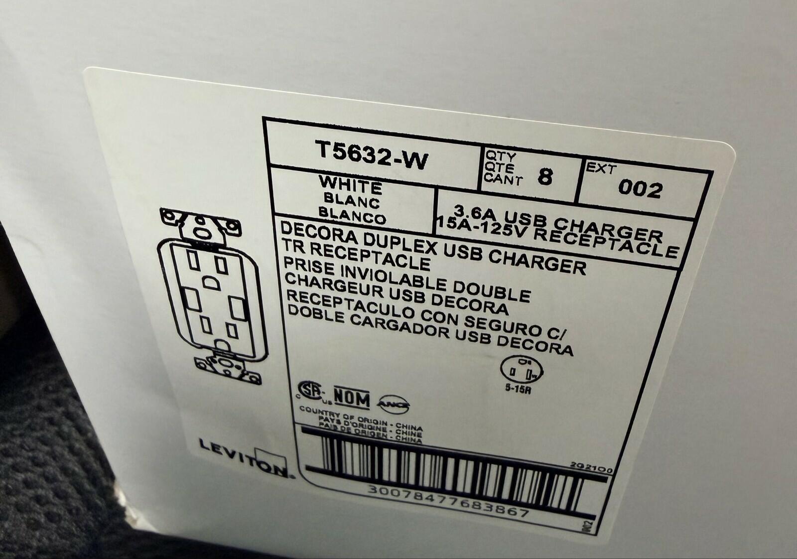 Leviton 15A Duplex USB Charger Outlet White T5632-W lot of 8