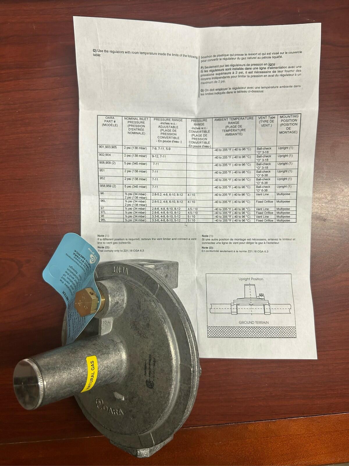OARA R95 44-1-290-0002 Regulator 3/4" 7-11" WC Set @ 8
