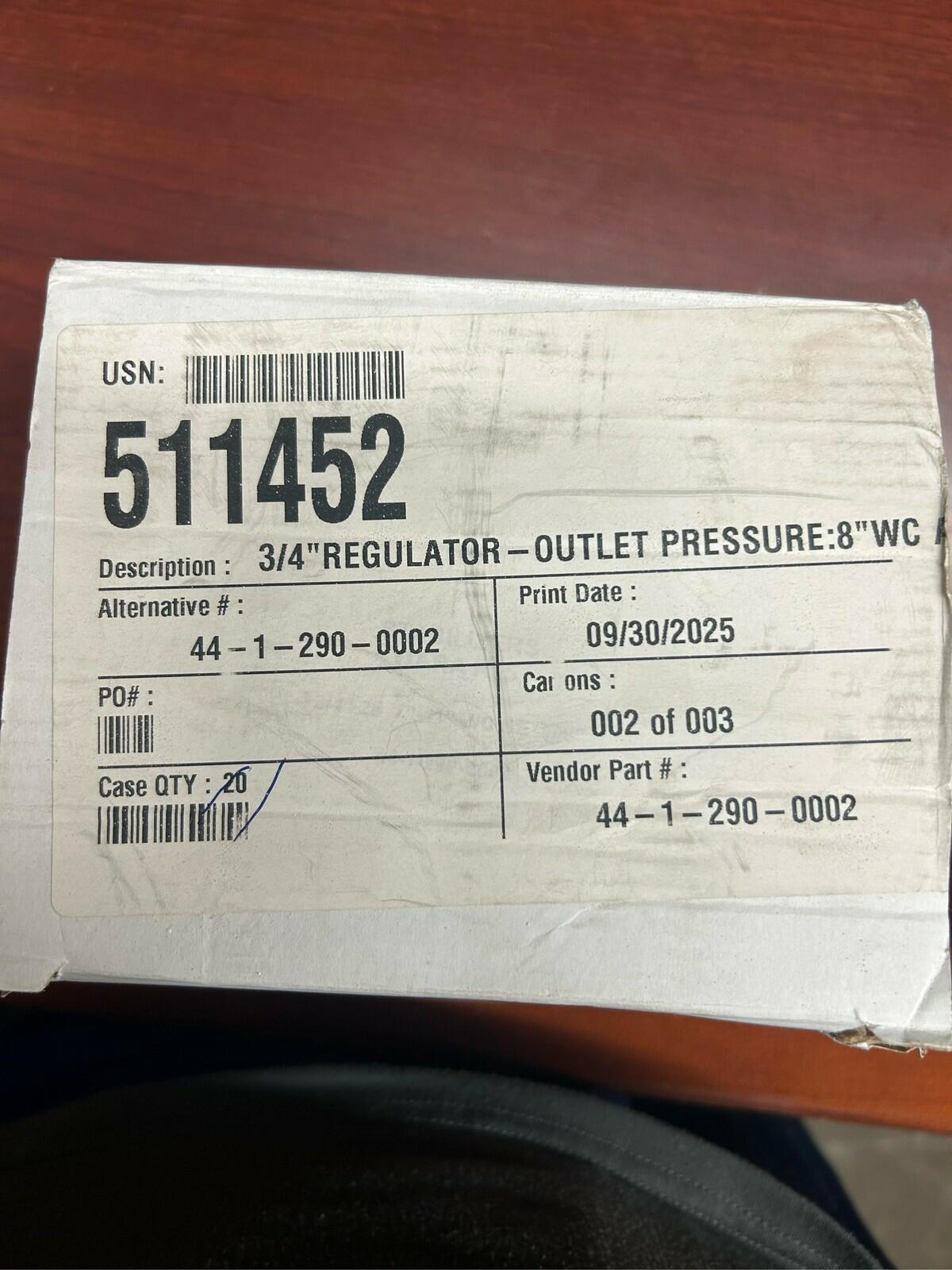 OARA R95 44-1-290-0002 Regulator 3/4" 7-11" WC Set @ 8