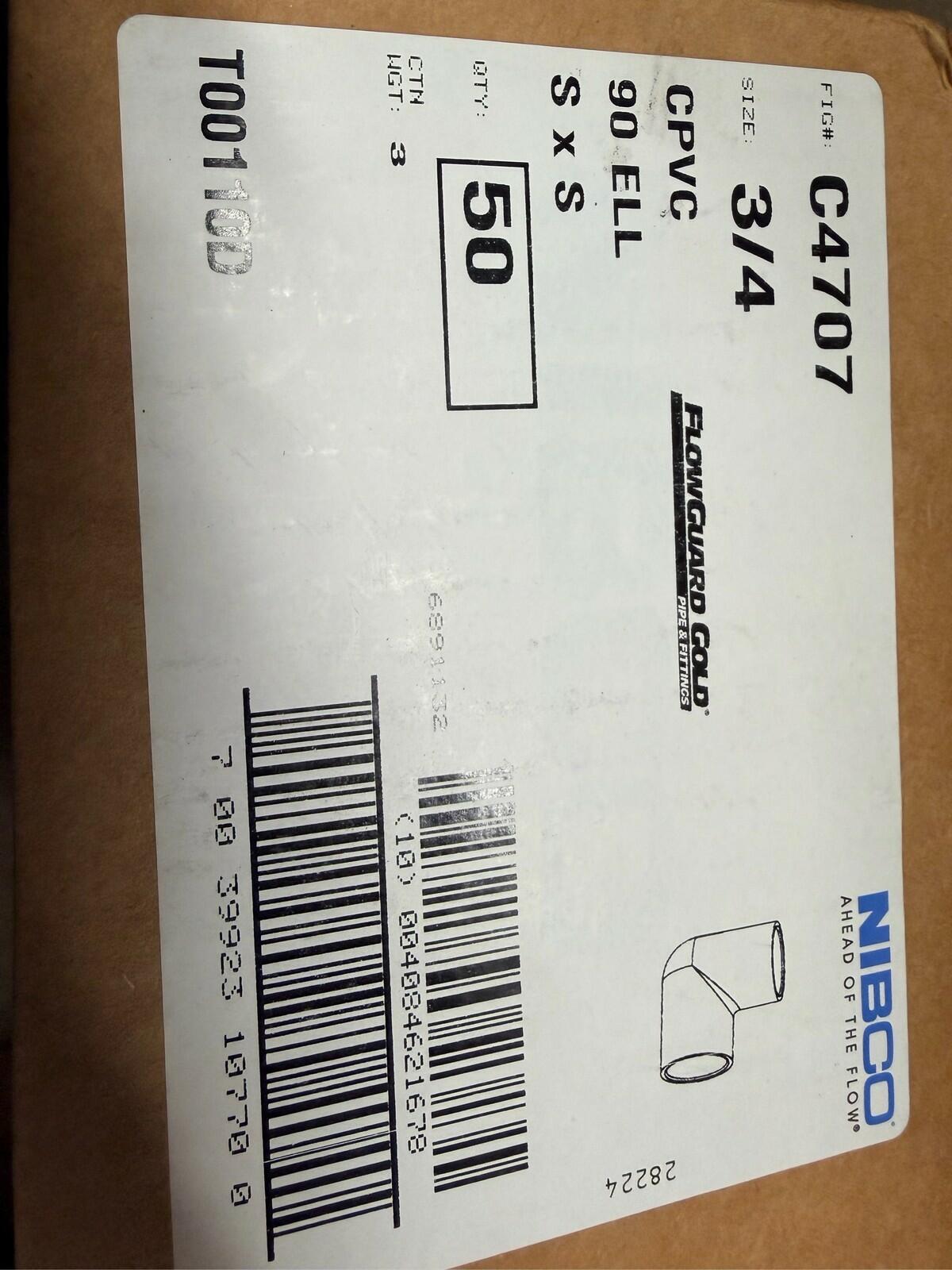 NIBCO C4707 3/4” CPVC 90° Elbow FlowGuard Gold Slip x Slip Qty 50 Pack