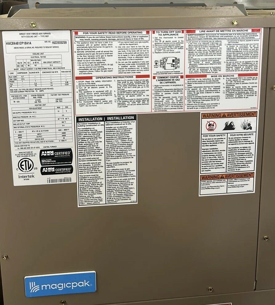 MagicPak HWC8N4812P18A1 Vertical Furnace 48kBTU 1.5 Ton